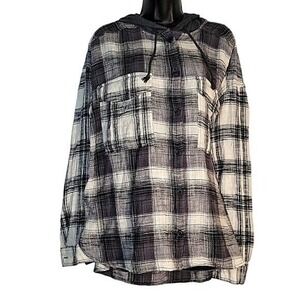 SO Plaid Button down Hooded‎ Long Sleeve Pockets Shirt Shacket Beach Coastal XL
